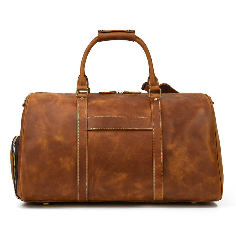 Vintage Crazy Horse Leather Large Capacity Travel Duffle with Shoe Compartment, Top Handle Gym Bag, Premium Cowhide Weekender for Men