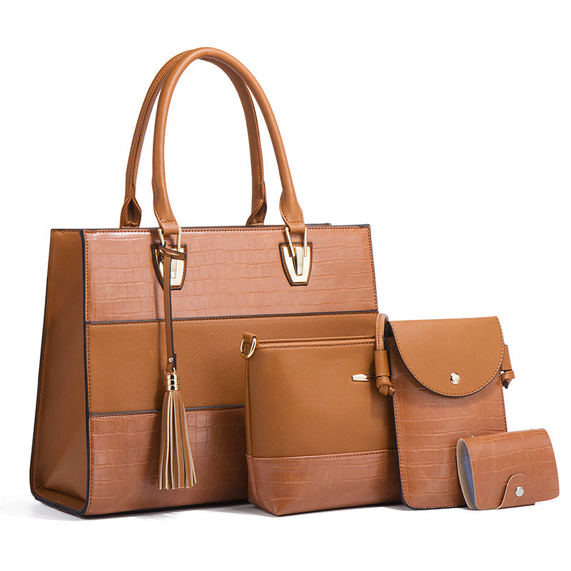 New Crocodile-Embossed Large Capacity 4-in-1 Tote Set, Trendy Tassel Shoulder Crossbody Bag, Versatile Mother-Child Handbag for Women