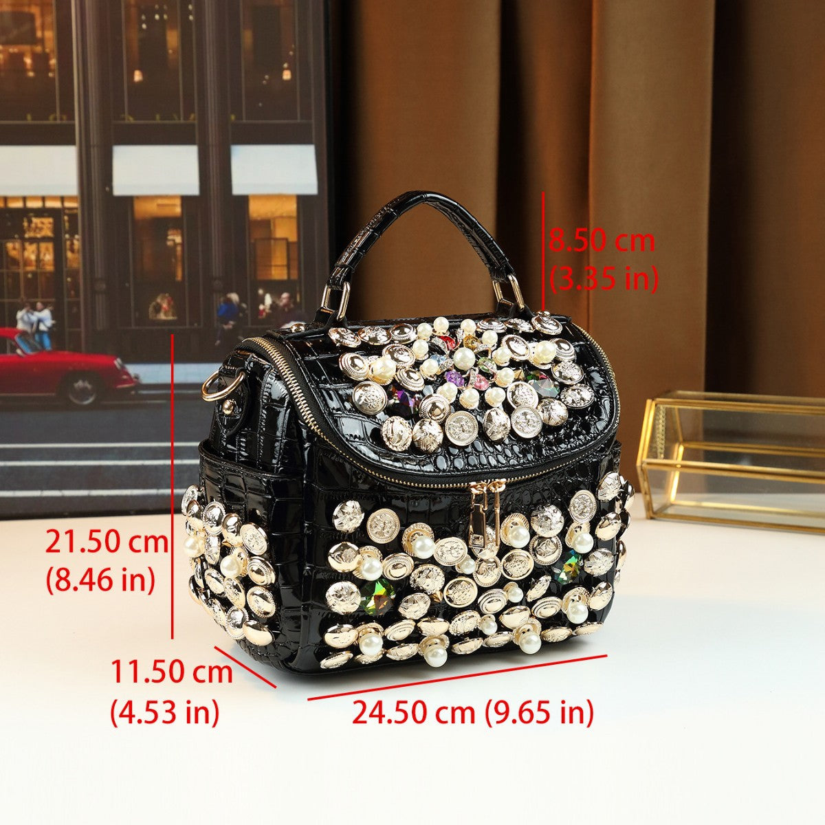 Handmade Beaded Stud Mini Square Bag for Women Shoulder Crossbody Handbag, Edgy Personality Purse with Unique Hardware Accents