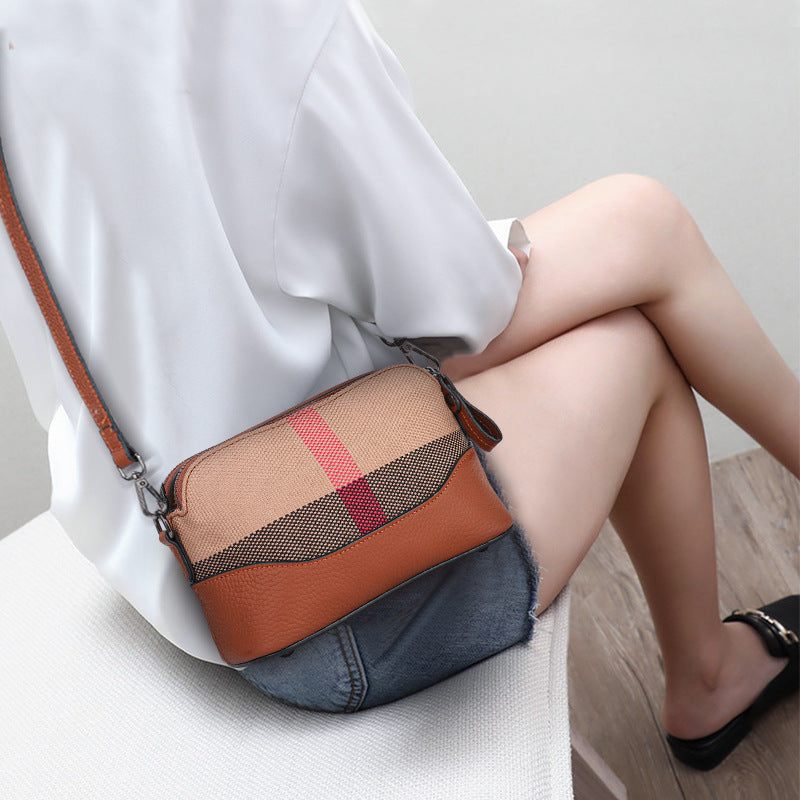 New European Style Genuine Cowhide Small Square Bag, Casual Crossbody Shoulder Purse, Premium Plaid Handbag for Women