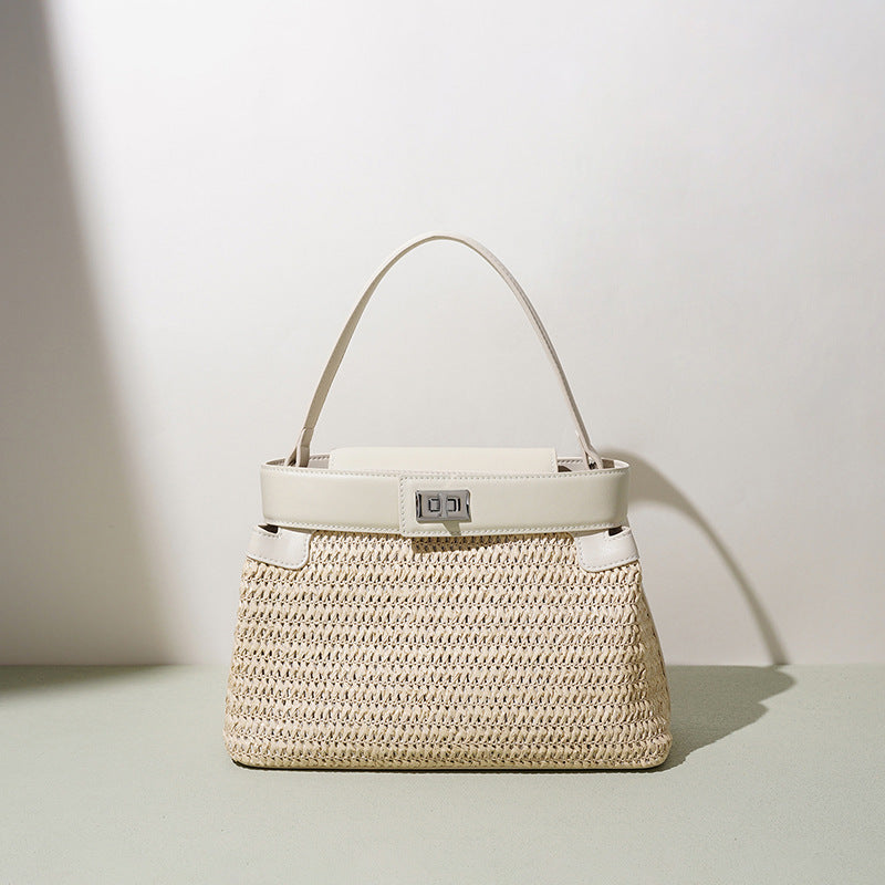 Resort Style Straw Woven Leather Patchwork Bag, Niche Design Shoulder Crossbody Top Handle Purse, Premium Handbag for Women
