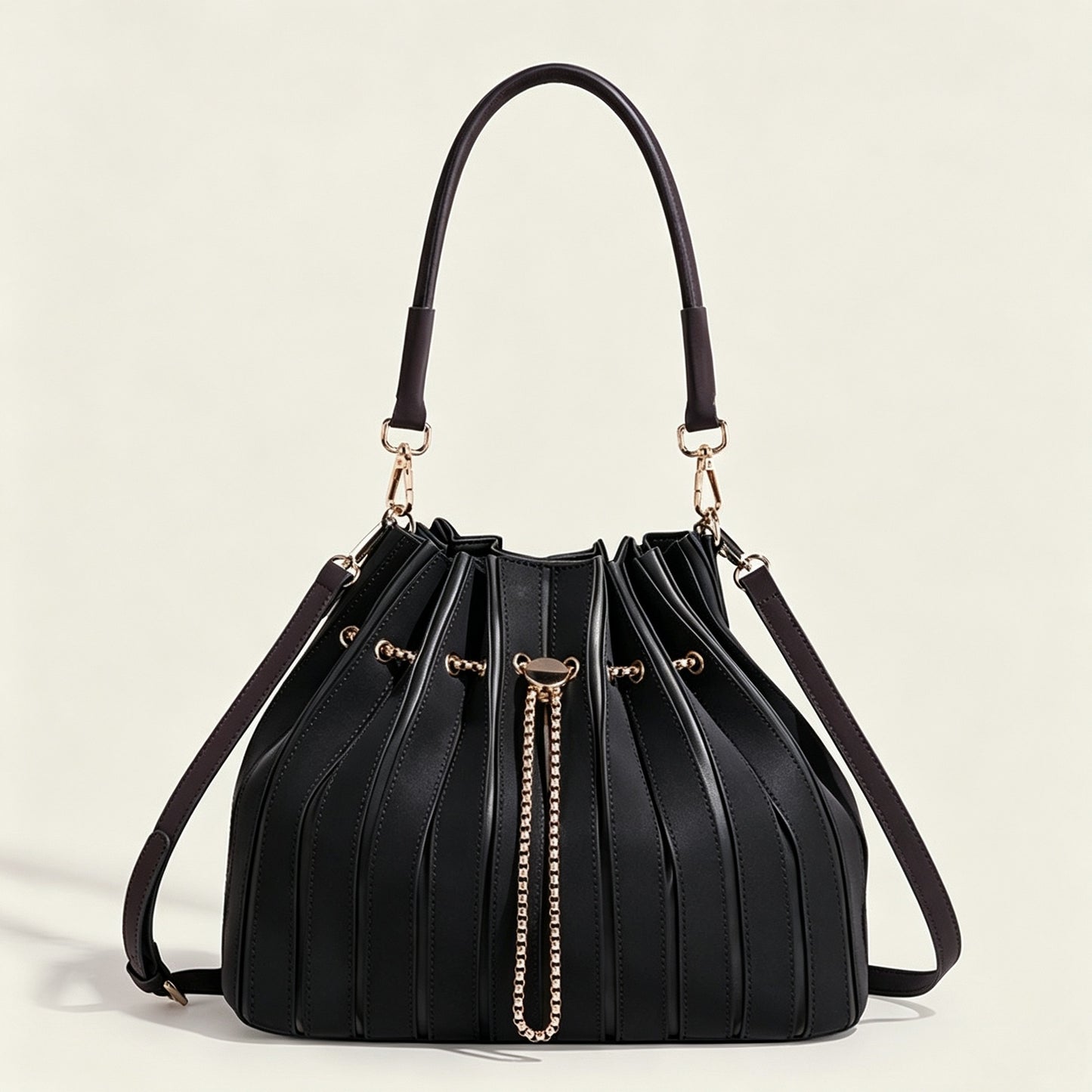 Glossy Light Luxury Bucket Bag Set for Women Niche Designer Pleated Large Capacity Shoulder Sub-Bag Handbag with Premium Finish