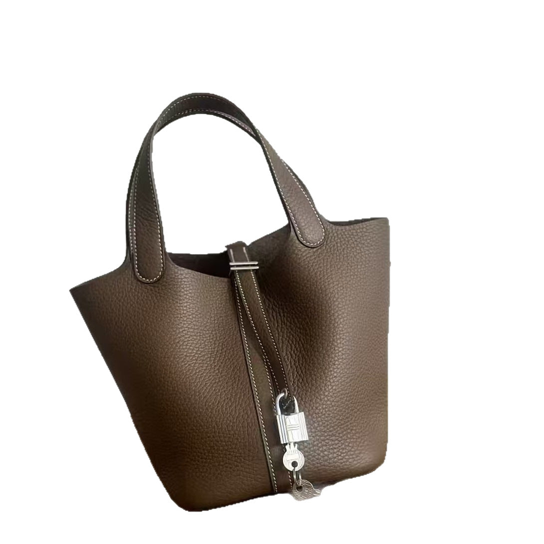 Genuine TC Cowhide 18cm Basket Bucket Bag for Women, Hermès-Style High-Quality Top Handle Handbag, New Premium Leather Purse for Ladies