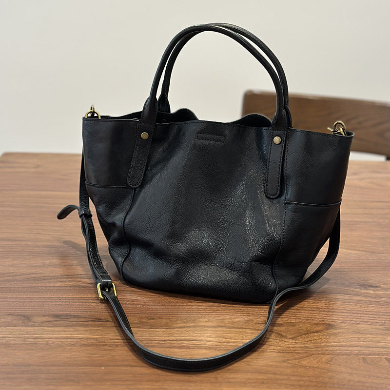 Handmade Cowhide Large Capacity Shopping Tote Bag for Women, Vintage Bucket Shoulder Crossbody Top Handle Purse, Genuine Leather Handbag for Ladies