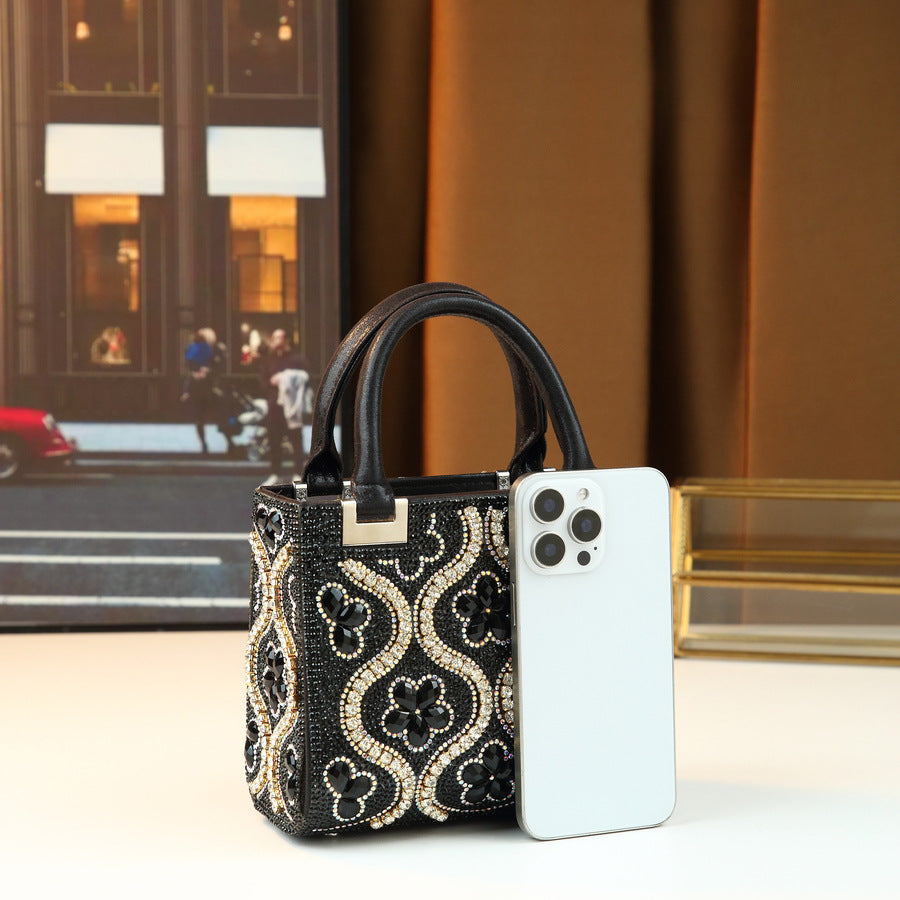 Rhinestone Floral Mini Square Bag for Women Black-Gold Evening Shoulder Crossbody Handbag, Heavy Crystal Embellished Purse with Glamorous Light Luxury Design