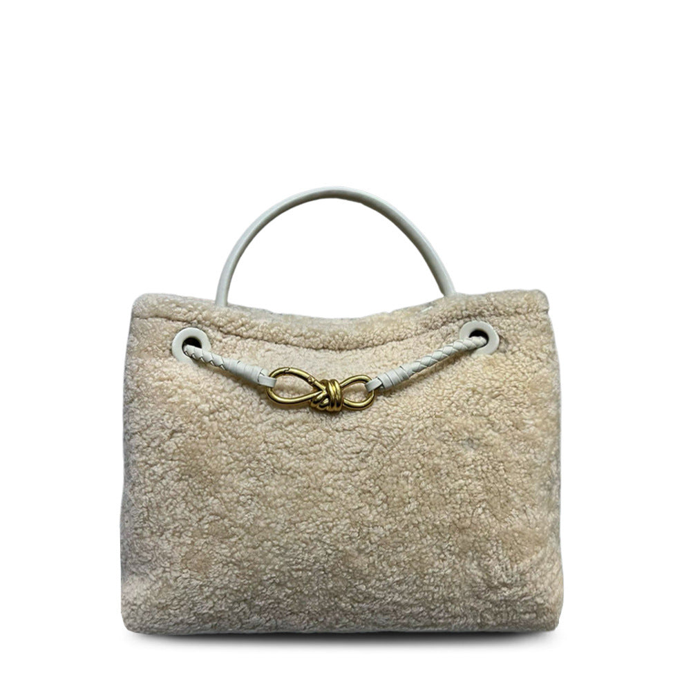 New Fall/Winter Lamb Wool Woven Tote with Metal Buckle, Vintage Large Commuter Shoulder & Crossbody Bag for Women