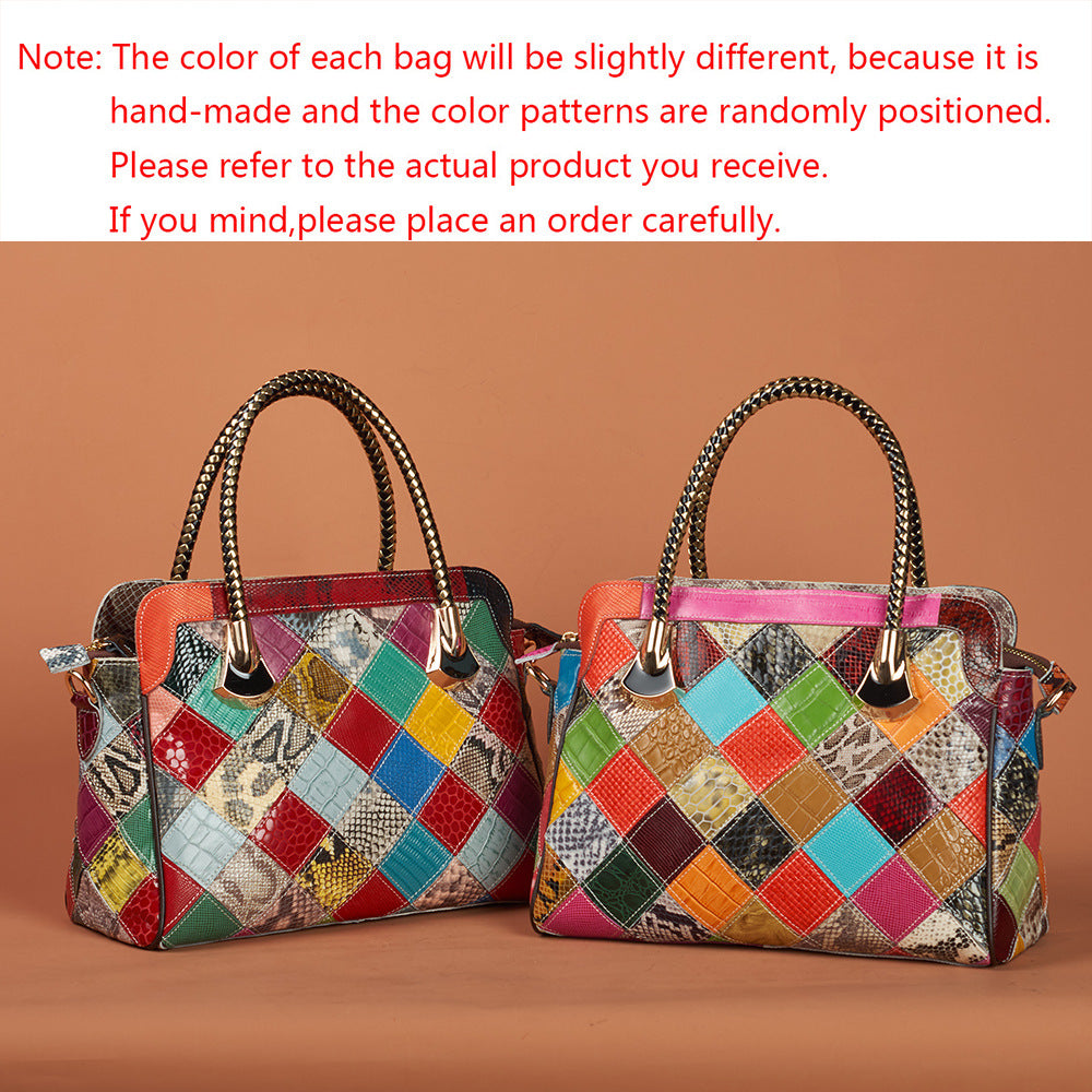 Genuine Leather Vintage Handmade Color Block Plaid Snakeskin Handbag for Women, Top Handle Crossbody Purse, Unique Retro Designer Bag for Ladies