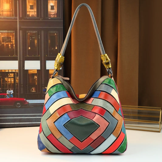 Genuine Leather Rainbow Geometric Print Tote Bag for Women Casual Patchwork Shoulder Handbag, Trendy Colorful Design with Versatile Style