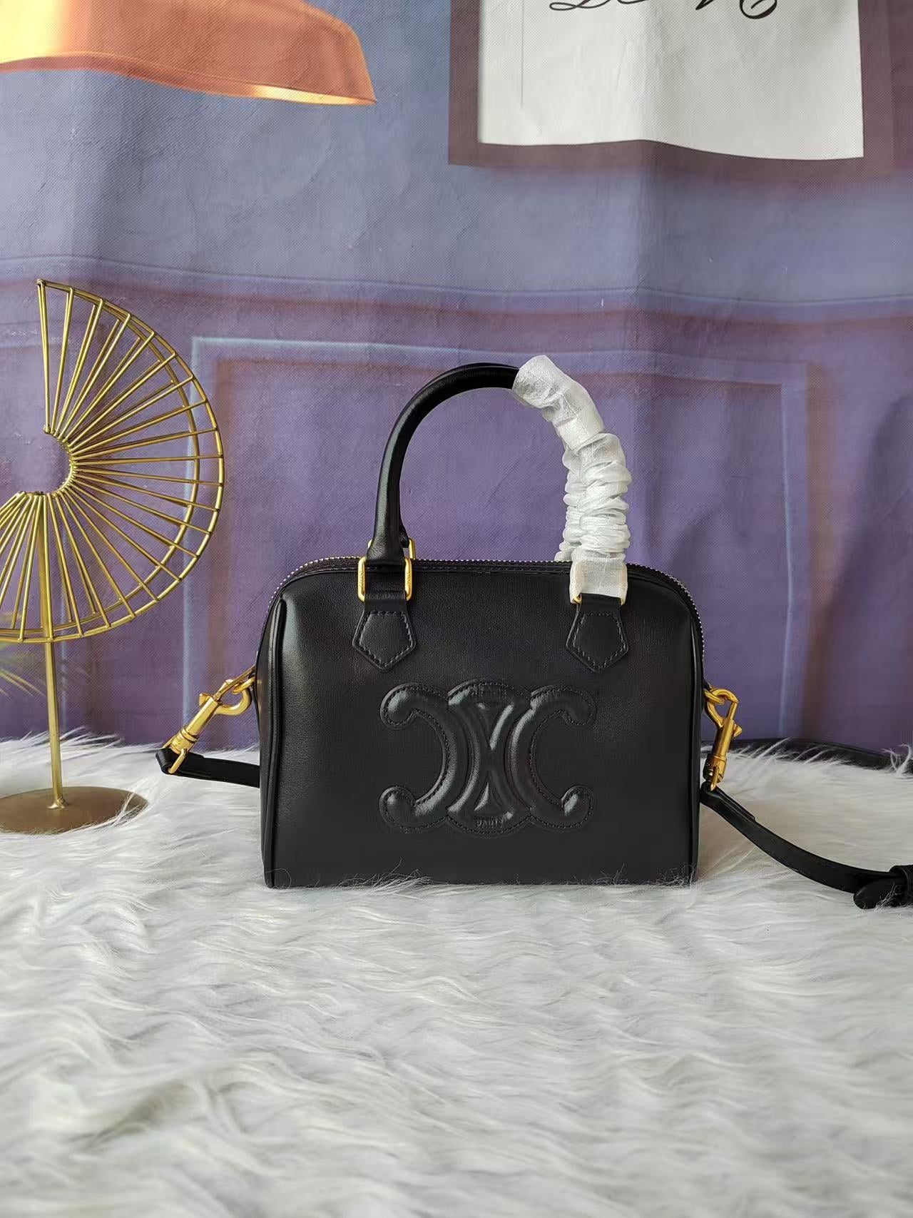 Genuine Leather & Canvas Mini Boston Pillow Bag for Women, Arc de Triomphe Style Shoulder Crossbody Top Handle Purse, Minimalist Small Handbag for Ladies