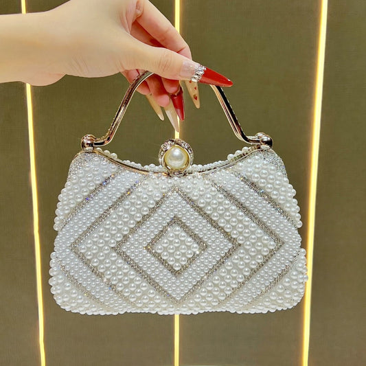 Elegant Pearl & Rhinestone Embellished Evening Bag for Women, A Light Luxury Chain Top-Handle Handbag with Exquisite Glamorous Design, Perfect for Banquets & Special Occasions