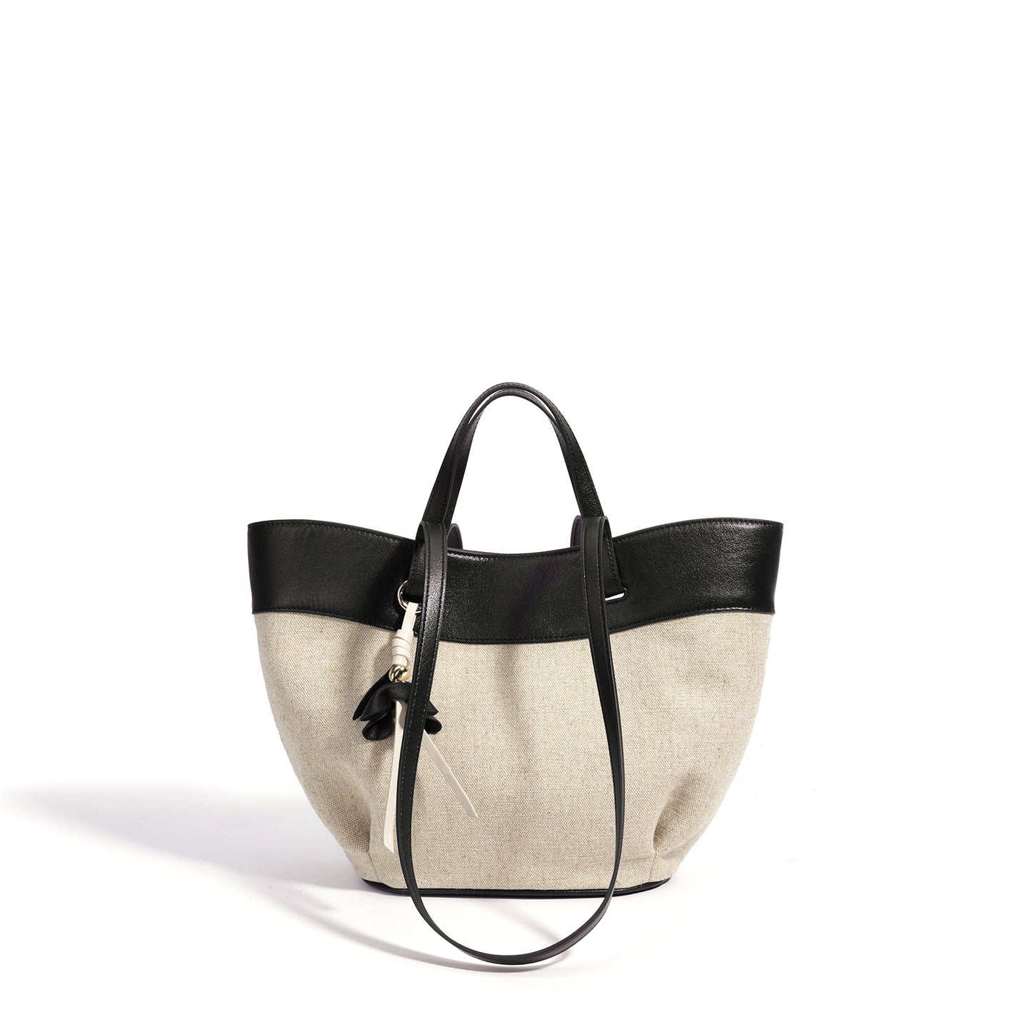 New Large Capacity Basket Bag in Linen & Cowhide, Casual Commute Shoulder Tote with Wing Top Handle, Premium Handbag for Women