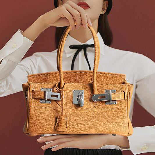 【Pebbled Top-Layer Leather】Premium Birkin-Inspired Tote Bag for Women, High-Quality Genuine Leather Large Capacity Commuter Top-Handle Handbag