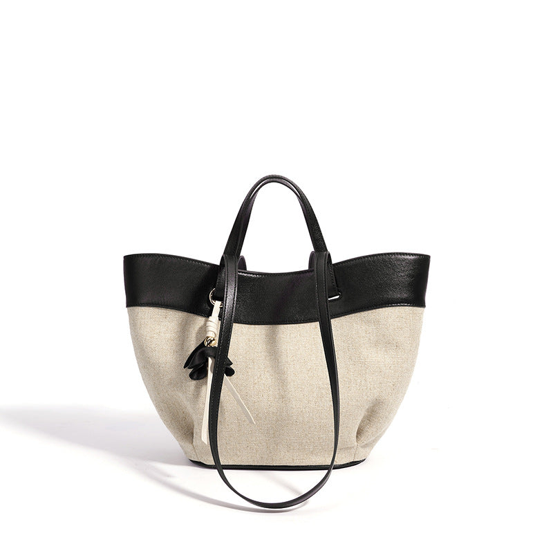 New Large Capacity Basket Bag in Linen & Cowhide, Casual Commute Shoulder Tote with Wing Top Handle, Premium Handbag for Women