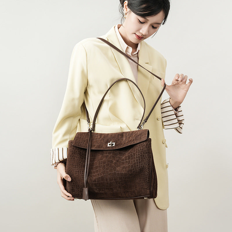 Genuine Suede Large Capacity Tote Bag for Women, Vintage Commute Underarm Shoulder Top Handle Purse, Premium Everyday Handbag for Ladies