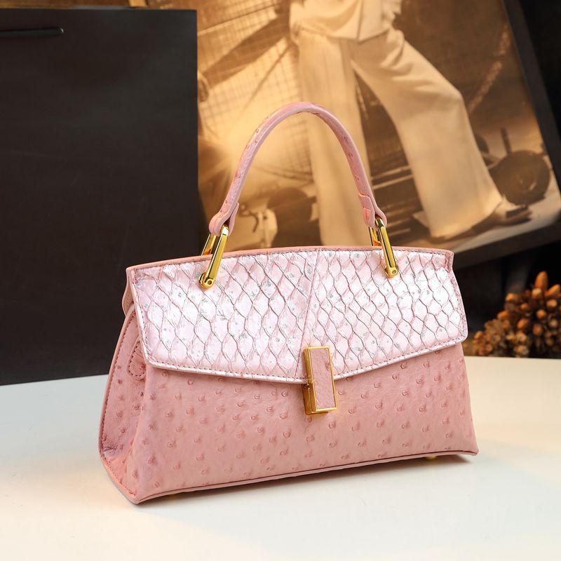 Genuine Fish Skin Kelly-Style Bag for Women, New Premium Textured Top Handle Shoulder Crossbody Purse, Trendy Ostrich-Embossed Small Handbag for Ladies