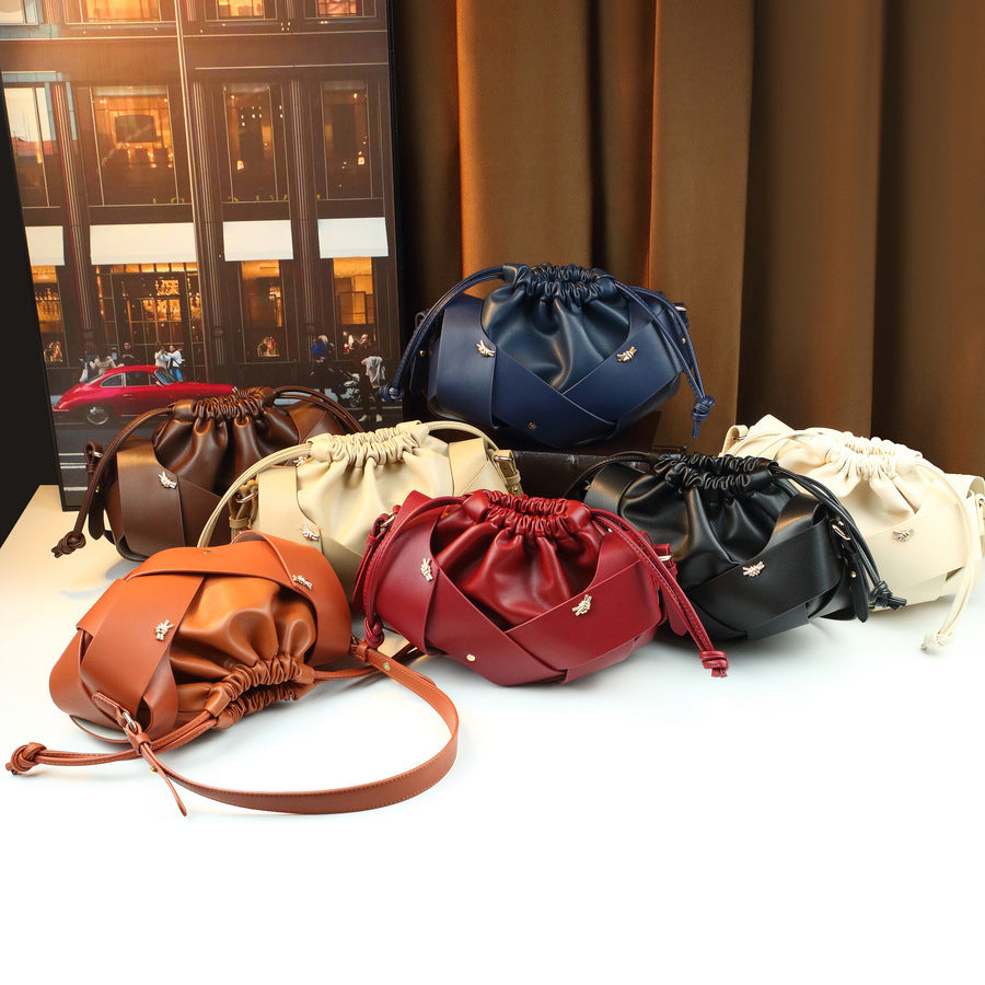 Drawstring Woven Bucket Cloud Bag for Women Light Luxury Shoulder Crossbody Handbag, Pleated Purse with Multi-Color Versatile Design