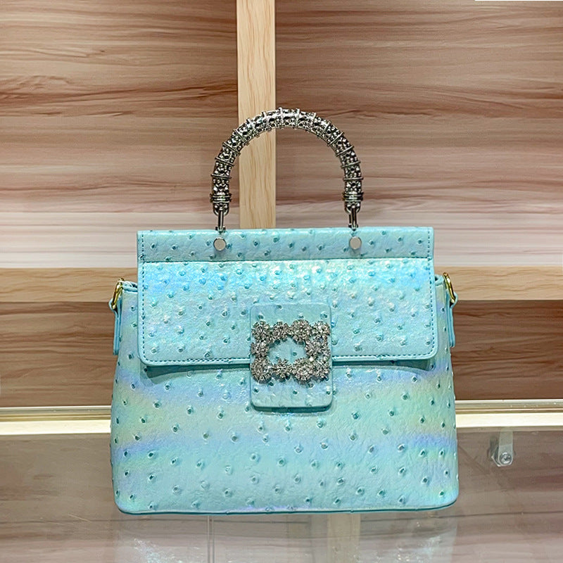 Genuine Leather Ostrich-Embossed Handbag for Women,New Premium Rhinestone Top Handle Crossbody Purse, Fashionable Bag for Ladies
