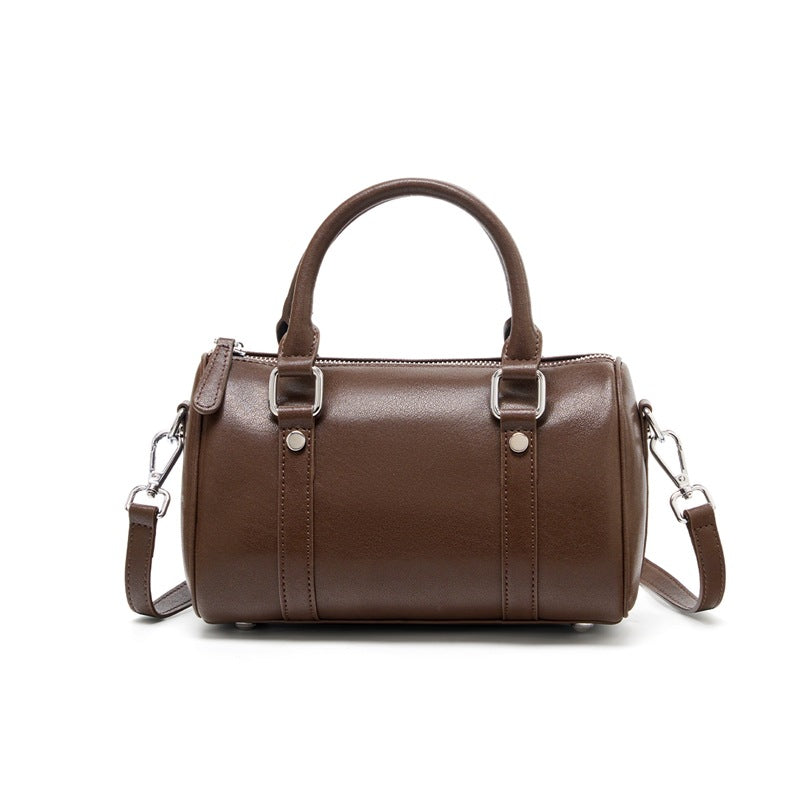 Genuine Top Layer Vegetable-Tanned Cowhide Boston Pillow Bag for Women, Large Capacity Commute Shoulder Crossbody Small Purse, Casual Everyday Leather Handbag for Ladies
