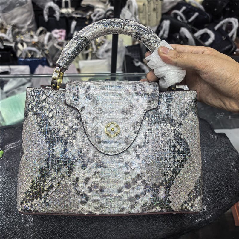 Genuine Leather Iridescent Snakeskin Tote Bag for Women Large Capacity Multi-Compartment Shoulder Crossbody Handbag with Luxury Finish