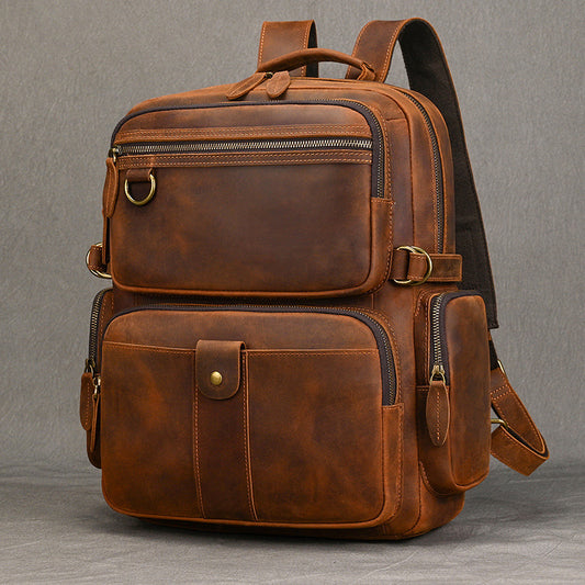 15-Inch New Vintage Crazy Horse Leather Backpack, Travel Commute Laptop Daypack, Premium Top Layer Cowhide Bag for Men
