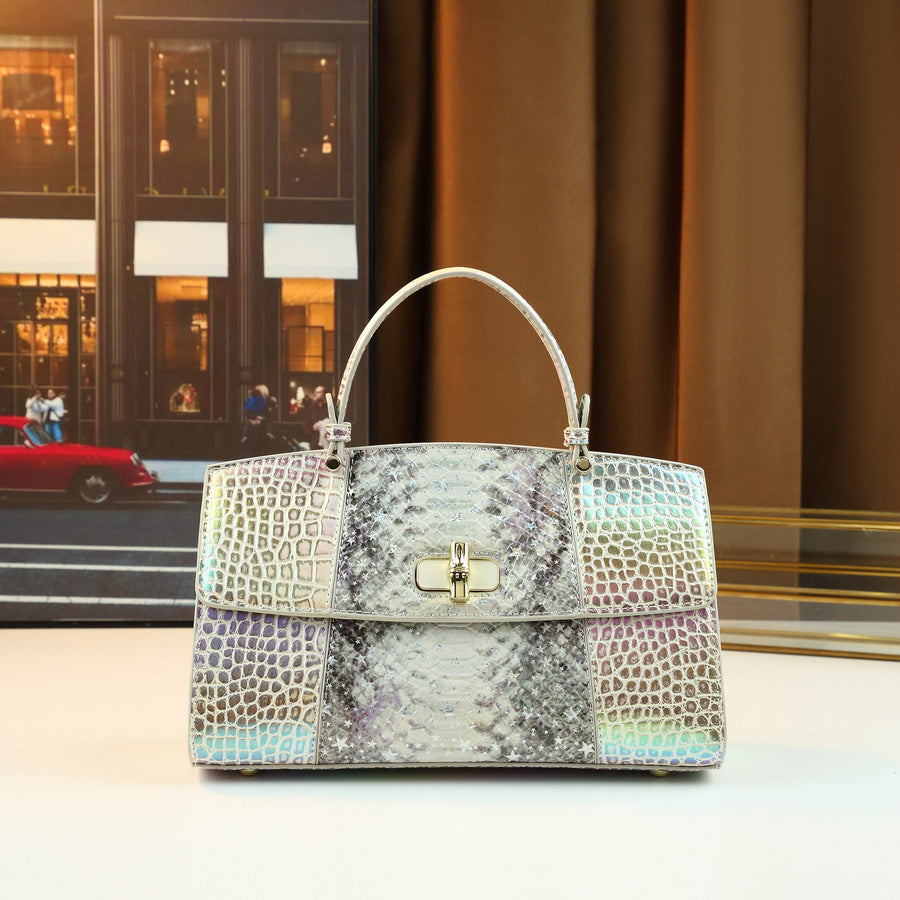 Snakeskin Gradient Boston Bag for Women Light Luxury Shoulder Crossbody Handbag, Color-Block Purse with Exotic Textured Finish