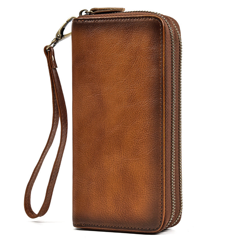 Crazy Horse Leather Double Zipper Long Wallet, Multi-Card Large Capacity Clutch, Genuine Leather Phone Bag for Men