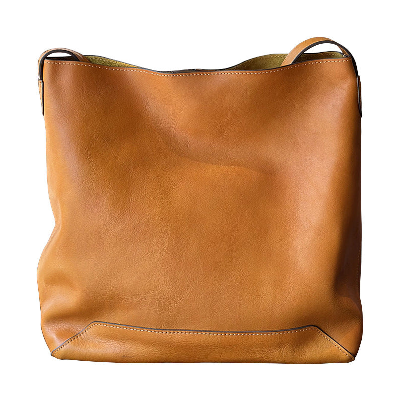 Vegetable-Tanned Cowhide Bucket Tote Bag for Women, Vintage Large Capacity Leather Shopping Shoulder Crossbody Purse, Casual Everyday Handbag for Ladies