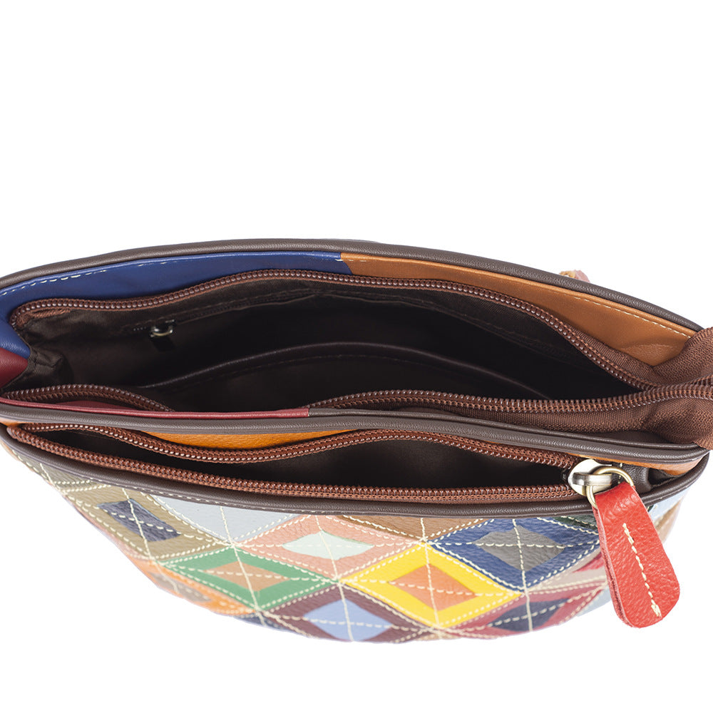 Premium Top-Layer Cowhide Leather Bag for Women | Handcrafted Ethnic Style Plaid Cross-Body Shoulder Handbag | Vibrant Color-Block Design with Bohemian Flair | Unique Artisan Purse with Timeless Craftsmanship & Trendy Appeal