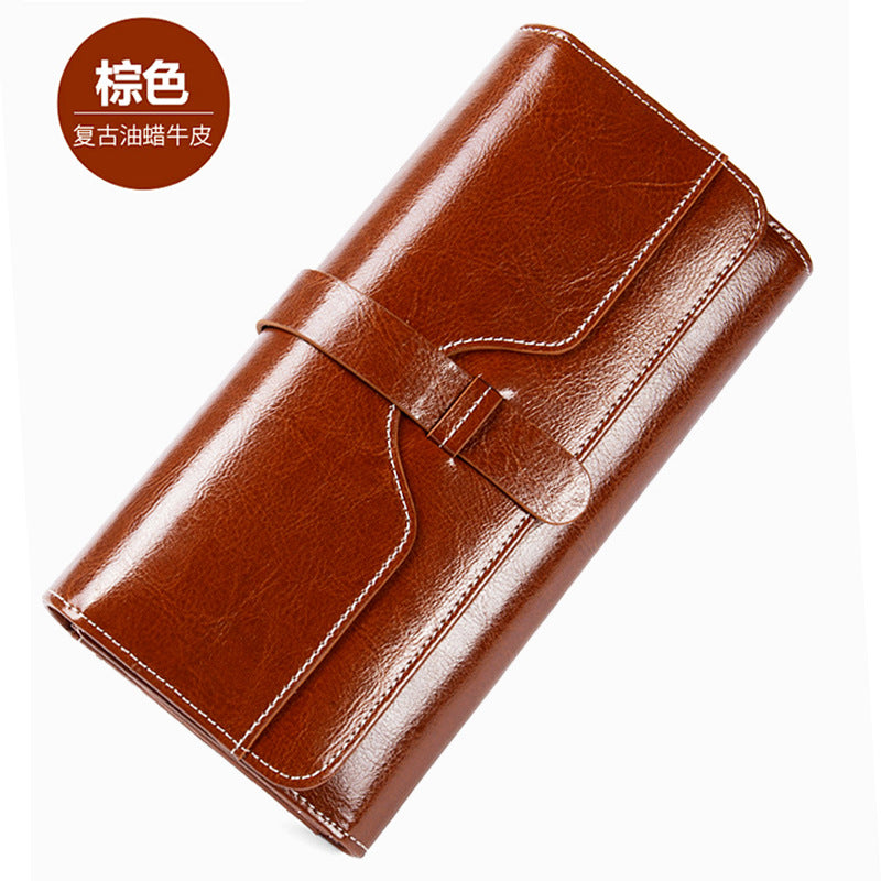 Genuine Cowhide Long Tri-Fold Wallet for Women, Snap Button Multi-Card Large Capacity Clutch Purse, Premium Leather Money Holder for Ladies