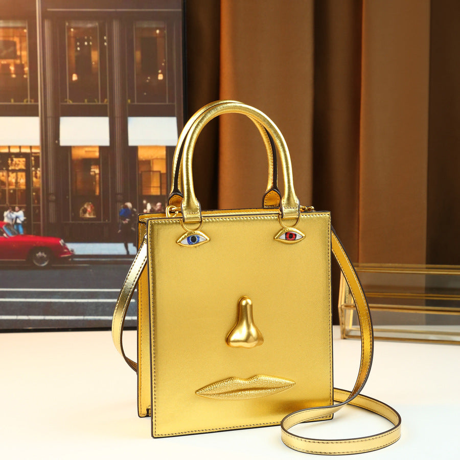 Artistic Face Sculpture Bag for Women 3D Metal Facial Features Top Handle Shoulder Crossbody Purse, Vintage Premium Handbag with Unique Sculptural Design