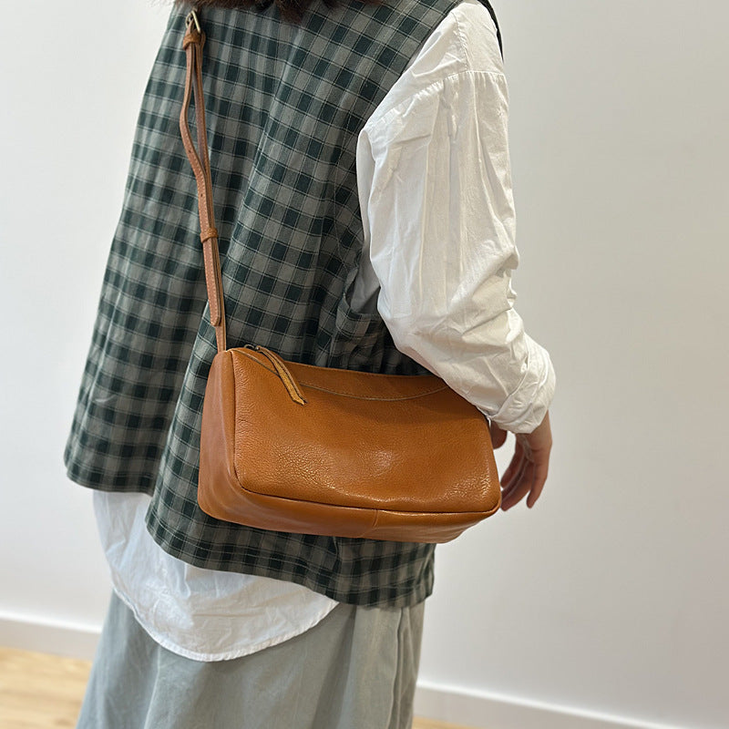Genuine Top Layer Vegetable-Tanned Cowhide Bag for Women, New Spring Minimalist Brown Yellow Shoulder Crossbody Purse, Small Leather Handbag for Ladies