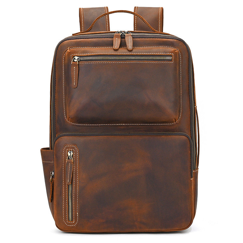 Men's Crazy Horse Leather Backpack Vintage Travel Daypack for Women Students, Genuine Leather Casual Rucksack Large Capacity