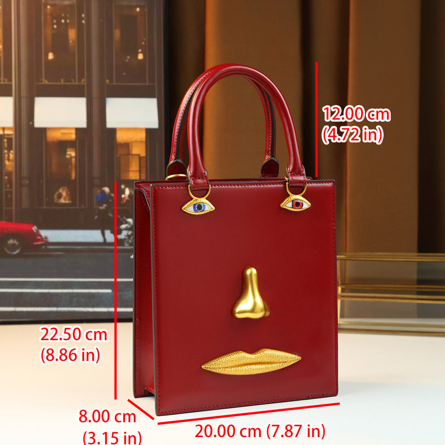 Artistic Face Sculpture Bag for Women 3D Metal Facial Features Top Handle Shoulder Crossbody Purse, Vintage Premium Handbag with Unique Sculptural Design