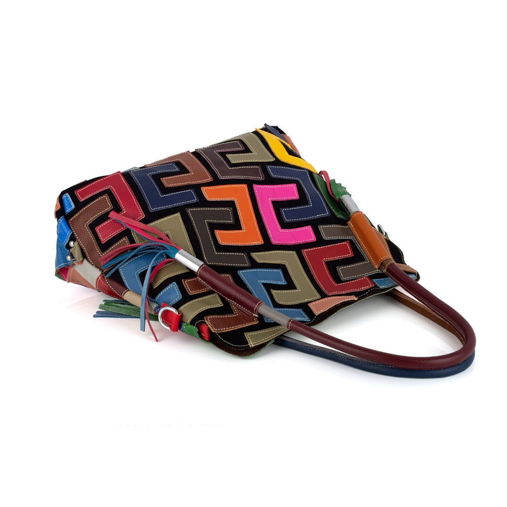 Genuine Cowhide Color Block Tote Bag for Women, New Niche Designer Handmade Pattern Shoulder Purse, Trendy Everyday Handbag for Ladies