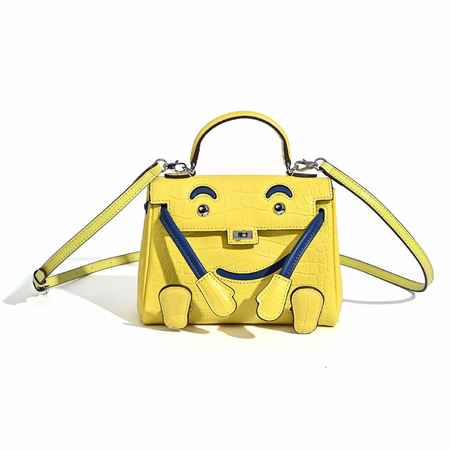 Genuine Leather Crocodile-Embossed Smiley Face Kelly-Style Bag for Women, New Millennium Doll Small Square Crossbody Shoulder Purse, Trendy Handbag for Ladies