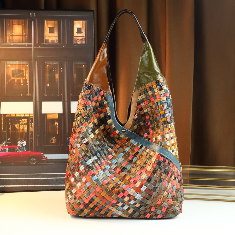 British Vintage Tote Bag for Women Genuine Top Layer Cowhide Leather Handbag with Wide Shoulder Strap
