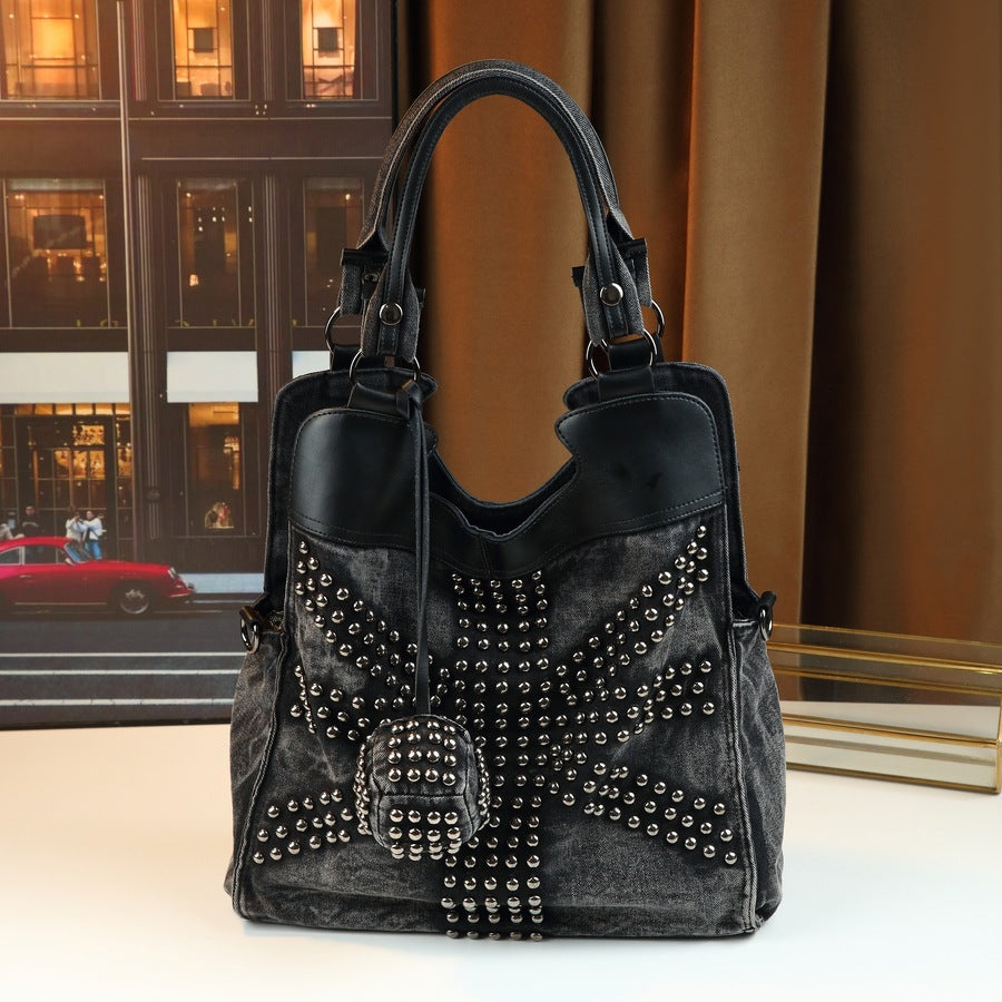 Handmade Beaded Denim Bucket Tote for Women Large Capacity Shoulder Crossbody Purse, Punk Style Handbag with Trendy Hardware Embellishments