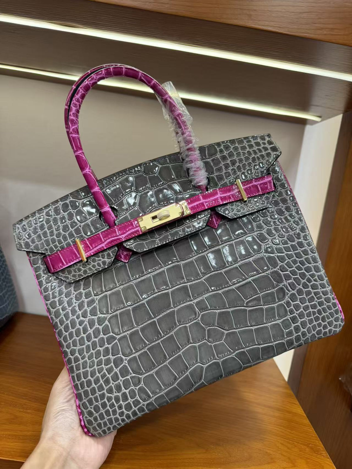 Genuine Top Layer Cowhide Crocodile-Embossed Birkin 30 Bag for Women, Hermès-Style Internal Stitching Color Block Top Handle Purse, Premium Leather Handbag for Ladies