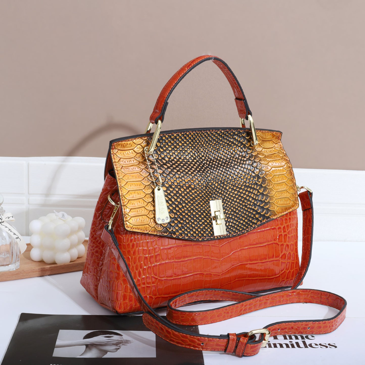 New Arrival Snake-Effect & Croc-Effect Color-Blocked Handbag for Women, A Multi-Color Top-Handle Crossbody Bag with Trendy Design, Versatile Everyday Purse