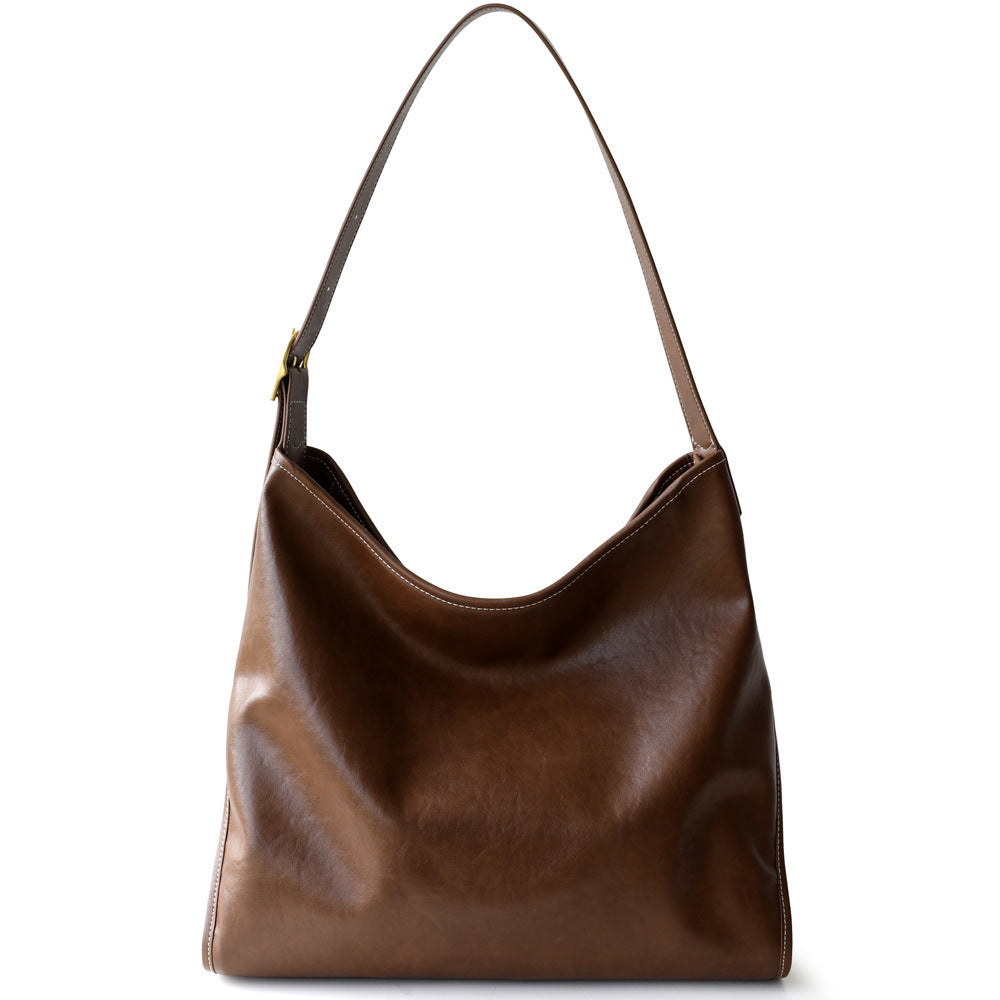 Vegetable-Tanned Cowhide Tote Bag for Women Vintage Large Capacity Commuter Shoulder Handbag, Niche Leather Purse with Natural Patina