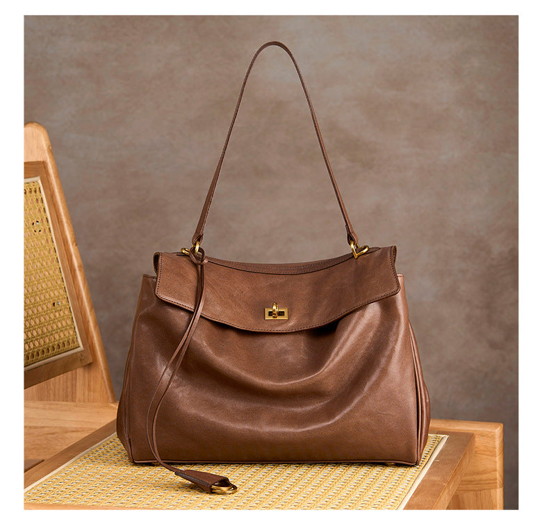 Genuine Vegetable-Tanned Leather Large Capacity Tote Bag for Women, 2026 New Commute Top Handle Crossbody Purse, Premium Textured Everyday Handbag for Ladies