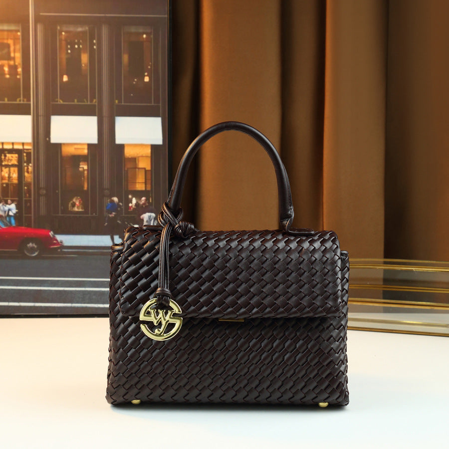 Handwoven Mini Square Bag for Women Niche Commuter Shoulder Handbag, Minimalist Purse with Round Hardware Accent