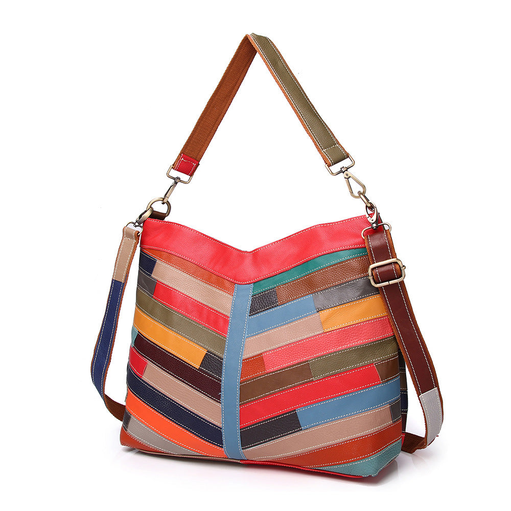 Genuine Cowhide Colorful Plaid Color Block Handbag for Women, New Top Handle Shoulder Purse, Trendy Everyday Bag for Ladies