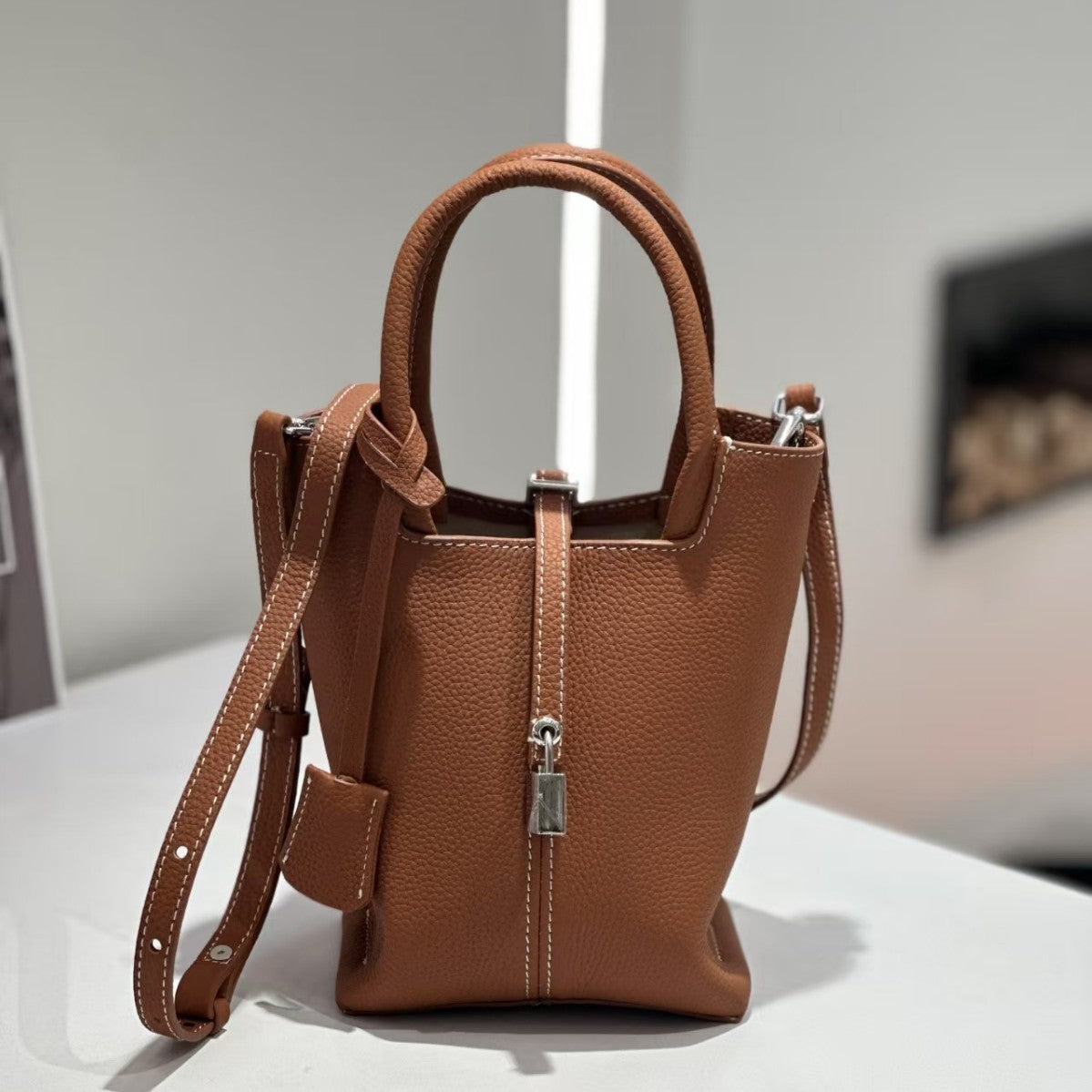 Genuine Top Layer Cowhide Bucket Tote Bag for Women, Versatile Leather Basket Handbag, Premium Top Handle Purse with Chic Elegant Style for Ladies