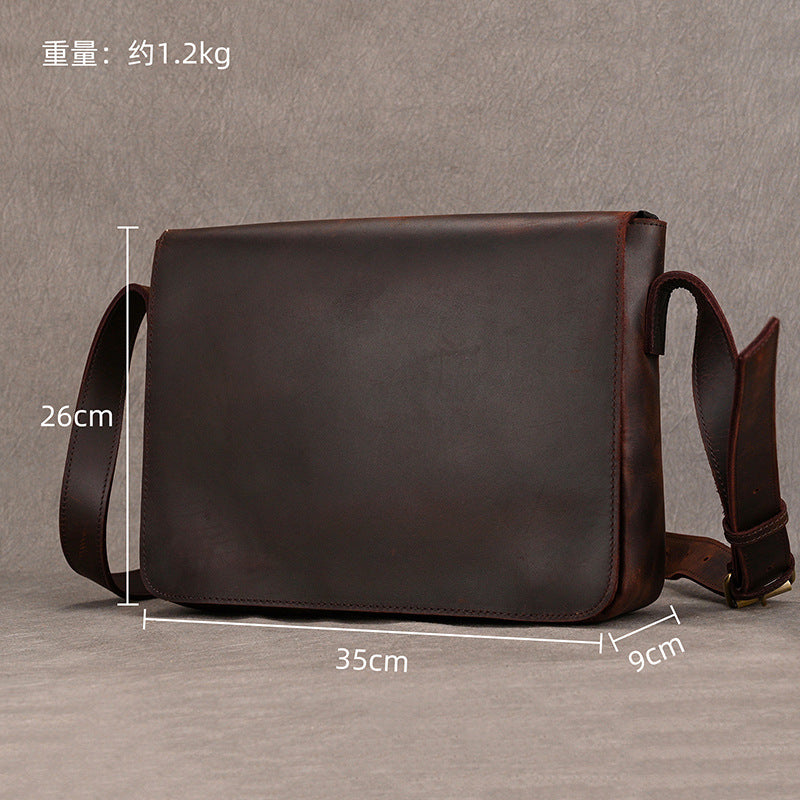 Crazy Horse Leather Flap Commute Briefcase, A4 Storage Crossbody Shoulder Bag, 13-Inch Work Bag for Men