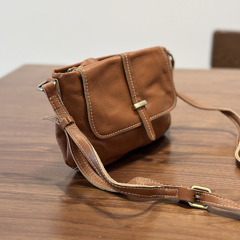 Spring Summer Vintage Leather Messenger Bag, Lightweight Commute Shoulder Crossbody Purse, Top Layer Cowhide Small Everyday Bag for Women