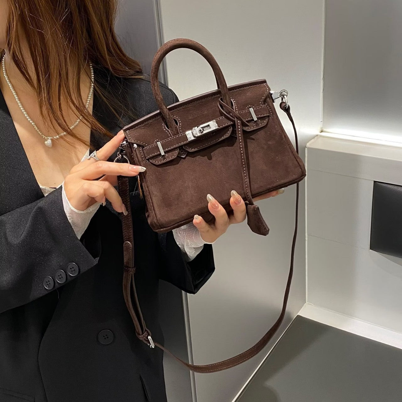 Genuine Cowhide Suede Birkin-Style Handbag for Women, New Premium Shoulder Top Handle Purse, Maillard Style Fashionable Chic Bag for Ladies