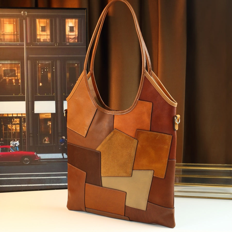 Vintage Patchwork Maillard Square Bag for Women Large Capacity Fall Winter Shoulder Handbag, Cowhide Leather Purse with Retro Charm