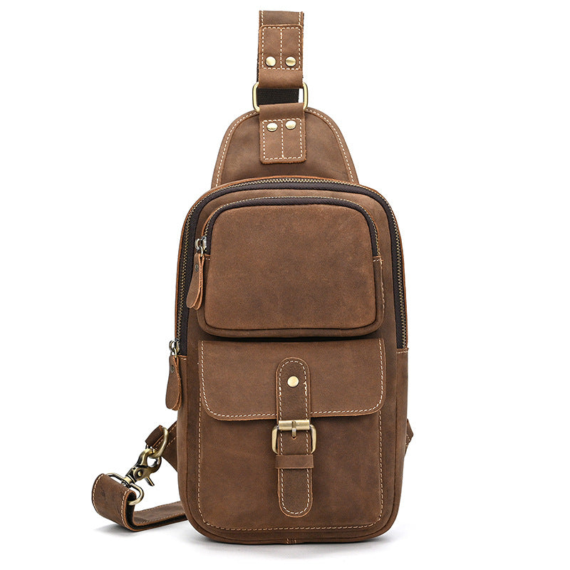 Crazy Horse Leather Minimalist Chest Bag, Casual Crossbody Shoulder Pouch, Outdoor Commute Bag for Men