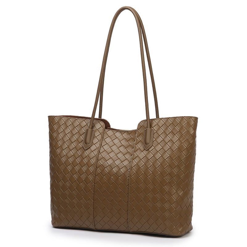 Split Cowhide Handwoven Tote Bag for Women Large Capacity Commuter Shoulder Handbag, Trendy Versatile Purse with Artisan Texture